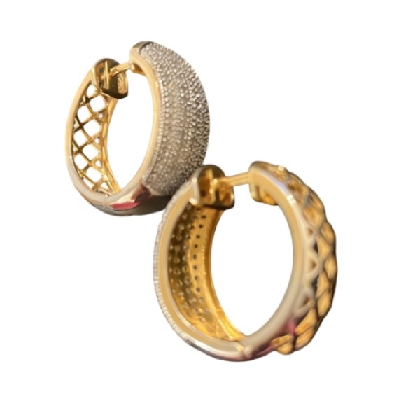 Designer 14KT Gold Plated Paved CZ Crystal Diamond Cut Out Huggie Hoops - Picture 5 of 11